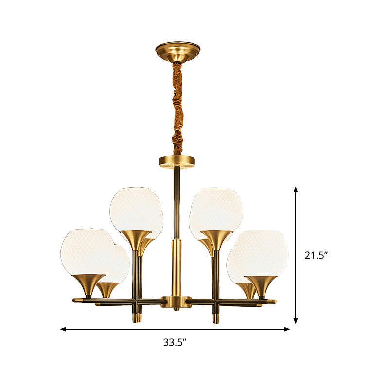 Contemporary Global Chandelier Lighting White Glass 8 Bulbs Bedroom Brass Hanging Lamp with Vertical Design Clearhalo 'Ceiling Lights' 'Chandeliers' 'Glass shade' 'Glass' 'Modern Chandeliers' 'Modern' Lighting' 289230