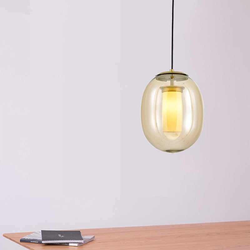 Amber Glass Oval Pendant Ceiling Light Contemporary 1 Head 7"/8.5" Gold Hanging Lamp Kit Gold Clearhalo 'Ceiling Lights' 'Glass shade' 'Glass' 'Modern Pendants' 'Modern' 'Pendant Lights' 'Pendants' Lighting' 289274