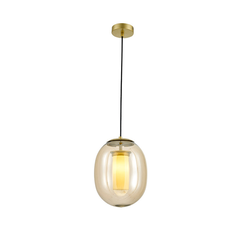 Amber Glass Oval Pendant Ceiling Light Contemporary 1 Head 7"/8.5" Gold Hanging Lamp Kit Clearhalo 'Ceiling Lights' 'Glass shade' 'Glass' 'Modern Pendants' 'Modern' 'Pendant Lights' 'Pendants' Lighting' 289278