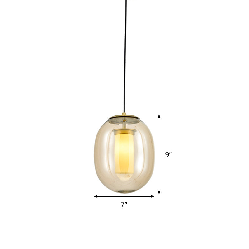 Amber Glass Oval Pendant Ceiling Light Contemporary 1 Head 7"/8.5" Gold Hanging Lamp Kit Clearhalo 'Ceiling Lights' 'Glass shade' 'Glass' 'Modern Pendants' 'Modern' 'Pendant Lights' 'Pendants' Lighting' 289279