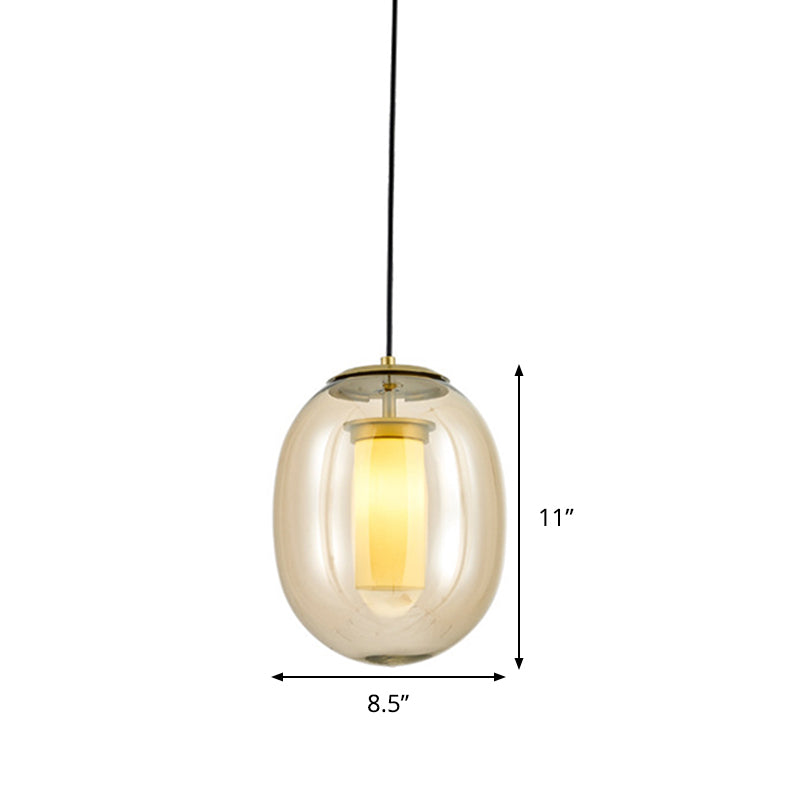 Amber Glass Oval Pendant Ceiling Light Contemporary 1 Head 7"/8.5" Gold Hanging Lamp Kit Clearhalo 'Ceiling Lights' 'Glass shade' 'Glass' 'Modern Pendants' 'Modern' 'Pendant Lights' 'Pendants' Lighting' 289280