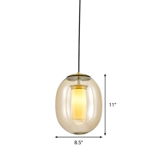 Amber Glass Oval Pendant Ceiling Light Contemporary 1 Head 7"/8.5" Gold Hanging Lamp Kit Clearhalo 'Ceiling Lights' 'Glass shade' 'Glass' 'Modern Pendants' 'Modern' 'Pendant Lights' 'Pendants' Lighting' 289280