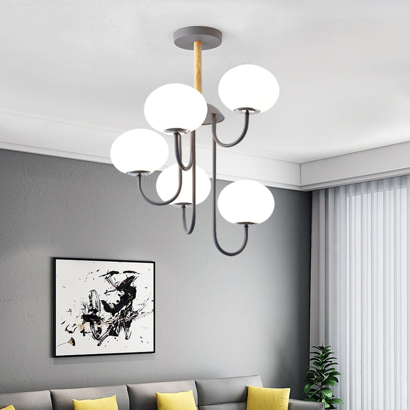 3/5 Lights Living Room Hanging Lamp Nordic Style Gray/Green Chandelier Light Fixture with Dome White Glass Shade Clearhalo 'Ceiling Lights' 'Chandeliers' 'Glass shade' 'Glass' 'Modern Chandeliers' 'Modern' Lighting' 289289