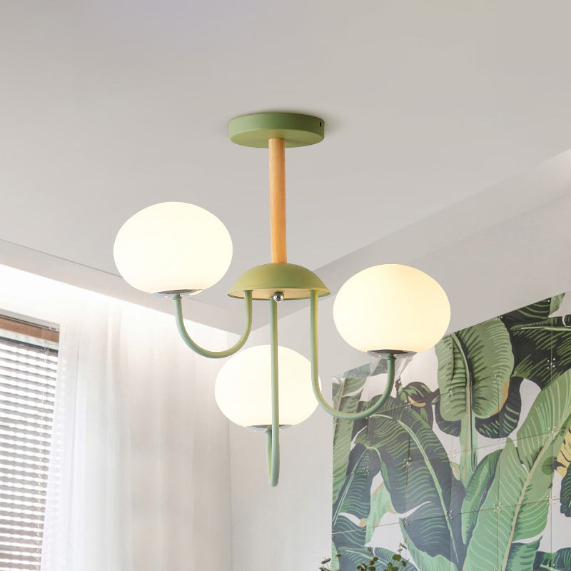 3/5 Lights Living Room Hanging Lamp Nordic Style Gray/Green Chandelier Light Fixture with Dome White Glass Shade 3 Green Clearhalo 'Ceiling Lights' 'Chandeliers' 'Glass shade' 'Glass' 'Modern Chandeliers' 'Modern' Lighting' 289294