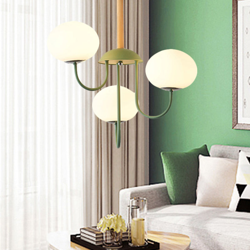 3/5 Lights Living Room Hanging Lamp Nordic Style Gray/Green Chandelier Light Fixture with Dome White Glass Shade Clearhalo 'Ceiling Lights' 'Chandeliers' 'Glass shade' 'Glass' 'Modern Chandeliers' 'Modern' Lighting' 289295