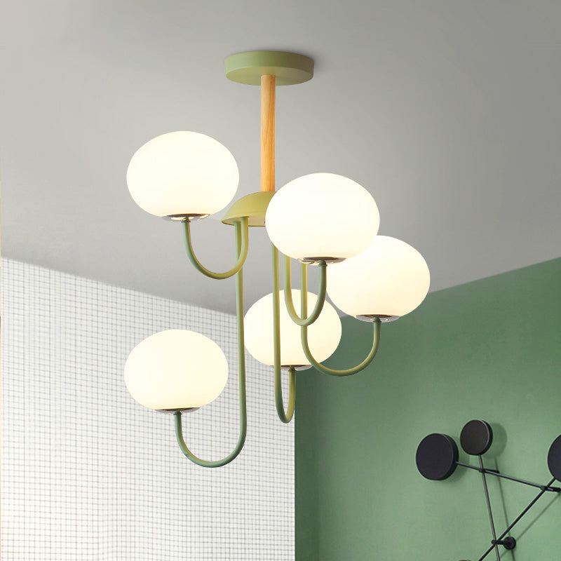 3/5 Lights Living Room Hanging Lamp Nordic Style Gray/Green Chandelier Light Fixture with Dome White Glass Shade 5 Green Clearhalo 'Ceiling Lights' 'Chandeliers' 'Glass shade' 'Glass' 'Modern Chandeliers' 'Modern' Lighting' 289299