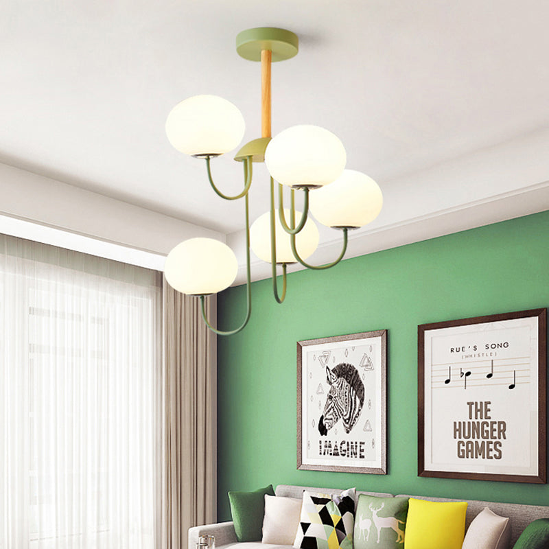 3/5 Lights Living Room Hanging Lamp Nordic Style Gray/Green Chandelier Light Fixture with Dome White Glass Shade Clearhalo 'Ceiling Lights' 'Chandeliers' 'Glass shade' 'Glass' 'Modern Chandeliers' 'Modern' Lighting' 289300