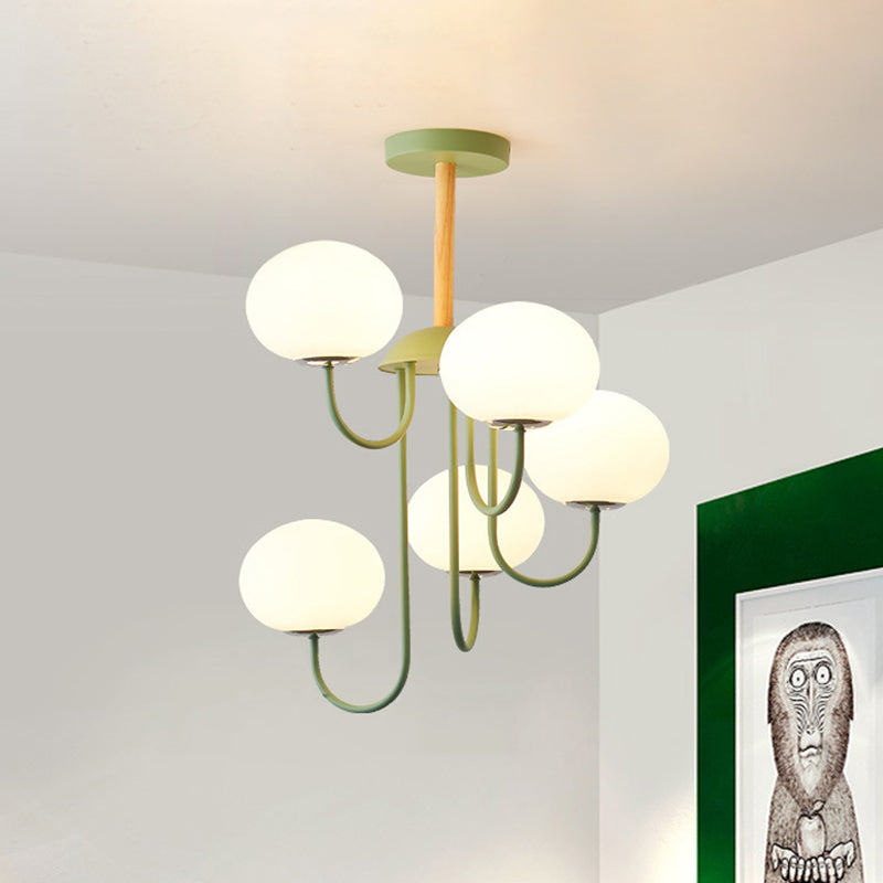 3/5 Lights Living Room Hanging Lamp Nordic Style Gray/Green Chandelier Light Fixture with Dome White Glass Shade Clearhalo 'Ceiling Lights' 'Chandeliers' 'Glass shade' 'Glass' 'Modern Chandeliers' 'Modern' Lighting' 289301