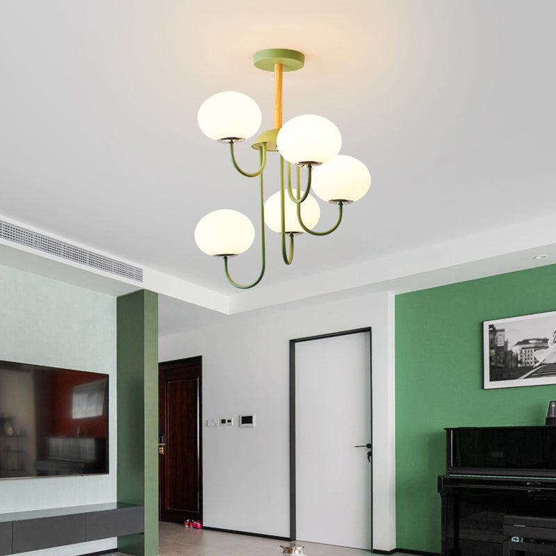 3/5 Lights Living Room Hanging Lamp Nordic Style Gray/Green Chandelier Light Fixture with Dome White Glass Shade Clearhalo 'Ceiling Lights' 'Chandeliers' 'Glass shade' 'Glass' 'Modern Chandeliers' 'Modern' Lighting' 289302