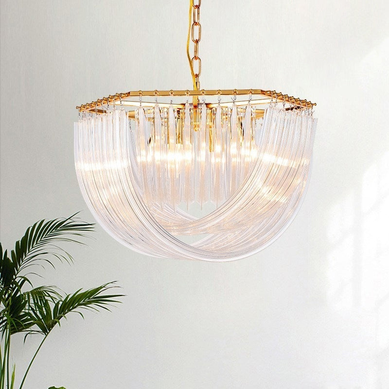 Dome Chandelier Light Modernism Curved Prism Glass Strip 4/6 Heads Brass Hanging Light, 19.5"/25.5" Wide Brass Clearhalo 'Ceiling Lights' 'Chandeliers' 'Glass shade' 'Glass' 'Modern Chandeliers' 'Modern' 'Pendant Lights' Lighting' 289323