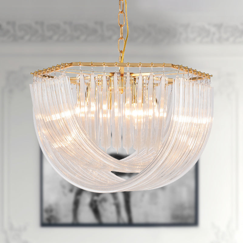 Dome Chandelier Light Modernism Curved Prism Glass Strip 4/6 Heads Brass Hanging Light, 19.5"/25.5" Wide Clearhalo 'Ceiling Lights' 'Chandeliers' 'Glass shade' 'Glass' 'Modern Chandeliers' 'Modern' 'Pendant Lights' Lighting' 289324