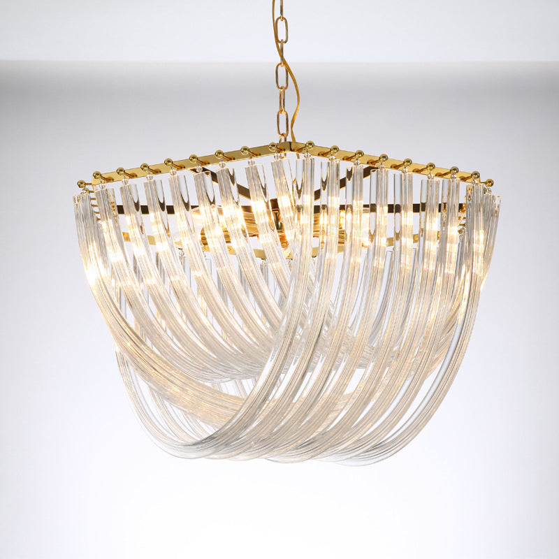 Dome Chandelier Light Modernism Curved Prism Glass Strip 4/6 Heads Brass Hanging Light, 19.5"/25.5" Wide Clearhalo 'Ceiling Lights' 'Chandeliers' 'Glass shade' 'Glass' 'Modern Chandeliers' 'Modern' 'Pendant Lights' Lighting' 289325