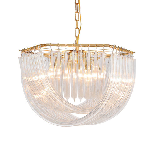 Dome Chandelier Light Modernism Curved Prism Glass Strip 4/6 Heads Brass Hanging Light, 19.5"/25.5" Wide Clearhalo 'Ceiling Lights' 'Chandeliers' 'Glass shade' 'Glass' 'Modern Chandeliers' 'Modern' 'Pendant Lights' Lighting' 289327