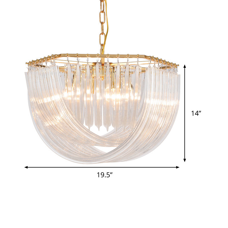 Dome Chandelier Light Modernism Curved Prism Glass Strip 4/6 Heads Brass Hanging Light, 19.5"/25.5" Wide Clearhalo 'Ceiling Lights' 'Chandeliers' 'Glass shade' 'Glass' 'Modern Chandeliers' 'Modern' 'Pendant Lights' Lighting' 289328