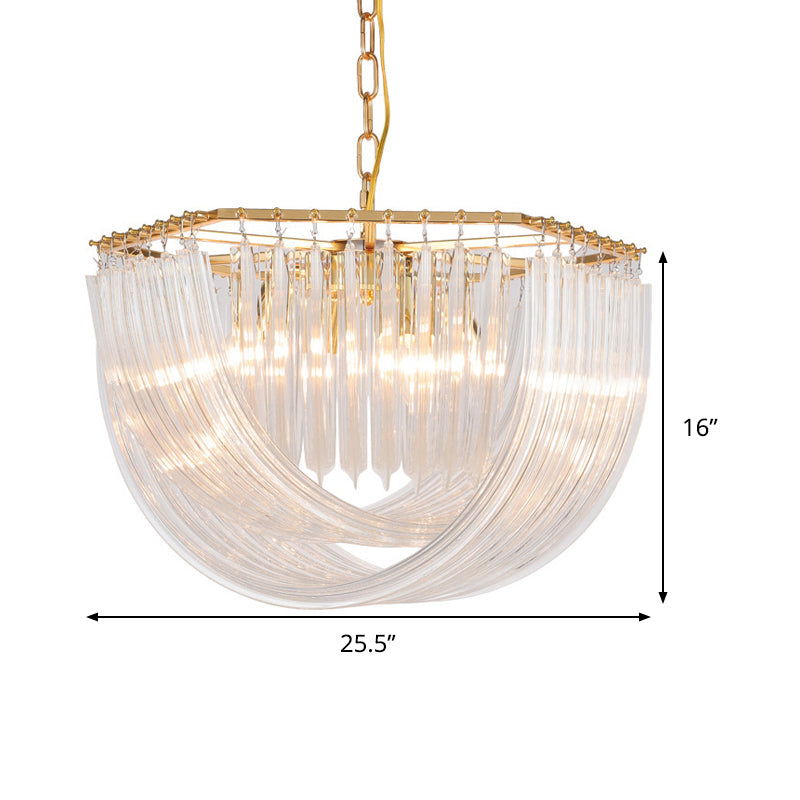 Dome Chandelier Light Modernism Curved Prism Glass Strip 4/6 Heads Brass Hanging Light, 19.5"/25.5" Wide Clearhalo 'Ceiling Lights' 'Chandeliers' 'Glass shade' 'Glass' 'Modern Chandeliers' 'Modern' 'Pendant Lights' Lighting' 289329