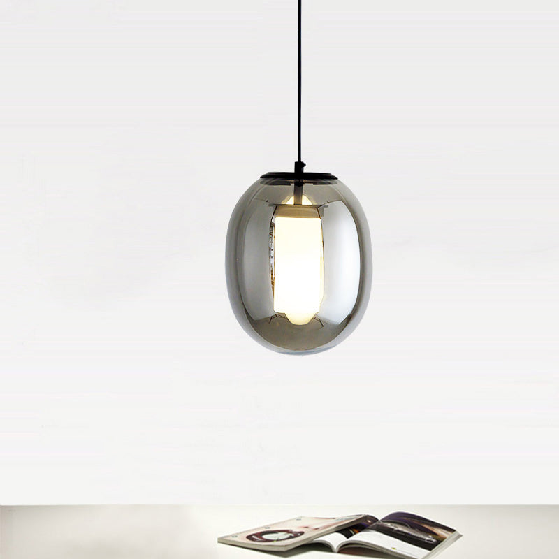 Oval Bedroom Hanging Lamp Kit Black Glass 1 Head 7"/8.5" Wide Simple Style Pendant Light Black Clearhalo 'Ceiling Lights' 'Modern Pendants' 'Modern' 'Pendant Lights' 'Pendants' Lighting' 289343