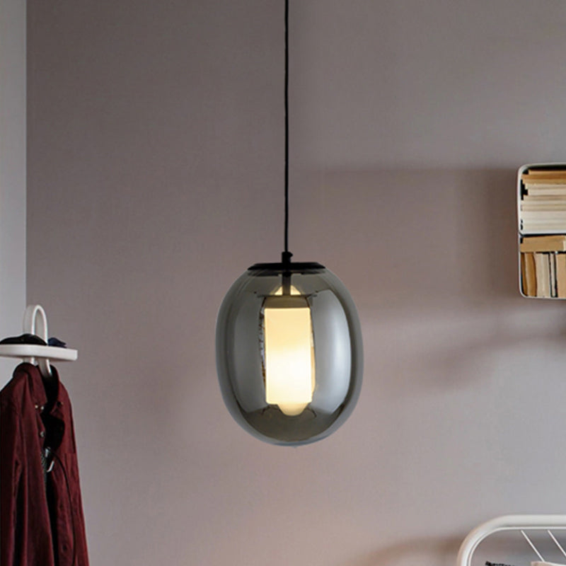 Oval Bedroom Hanging Lamp Kit Black Glass 1 Head 7"/8.5" Wide Simple Style Pendant Light Clearhalo 'Ceiling Lights' 'Modern Pendants' 'Modern' 'Pendant Lights' 'Pendants' Lighting' 289345