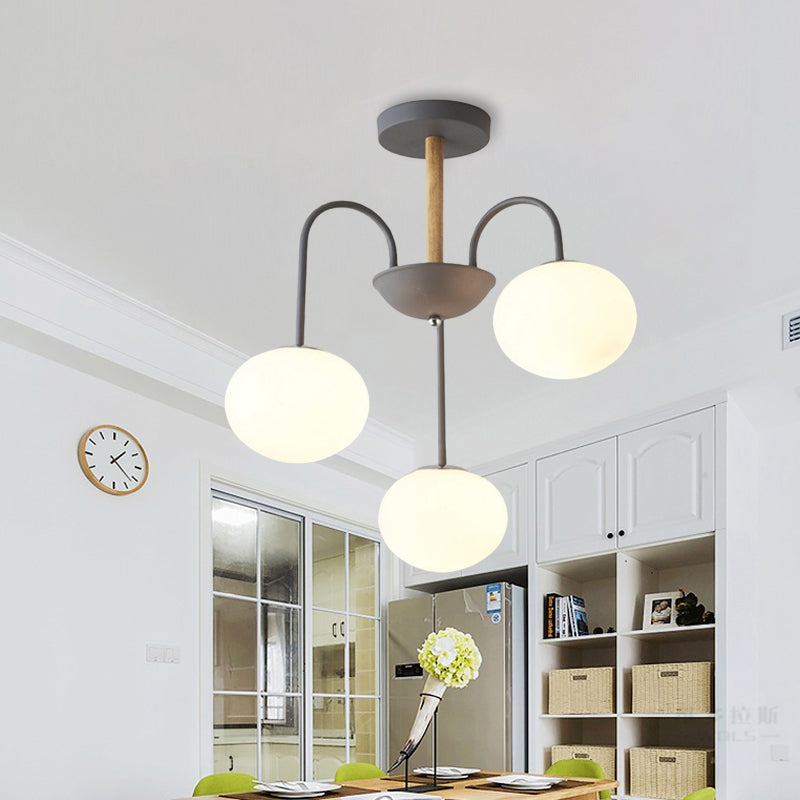 Dome White Glass Chandelier Lighting Contemporary Style 3/5 Lights Gray/Green Suspension Light 3 Grey Clearhalo 'Ceiling Lights' 'Chandeliers' 'Glass shade' 'Glass' 'Modern Chandeliers' 'Modern' Lighting' 289350