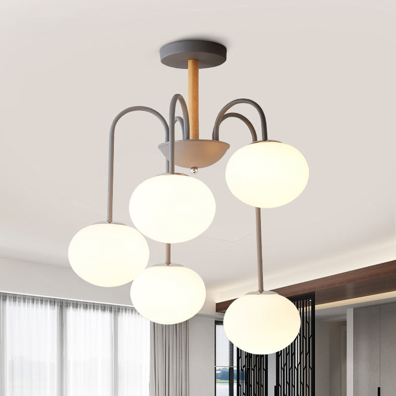 Dome White Glass Chandelier Lighting Contemporary Style 3/5 Lights Gray/Green Suspension Light 5 Grey Clearhalo 'Ceiling Lights' 'Chandeliers' 'Glass shade' 'Glass' 'Modern Chandeliers' 'Modern' Lighting' 289356