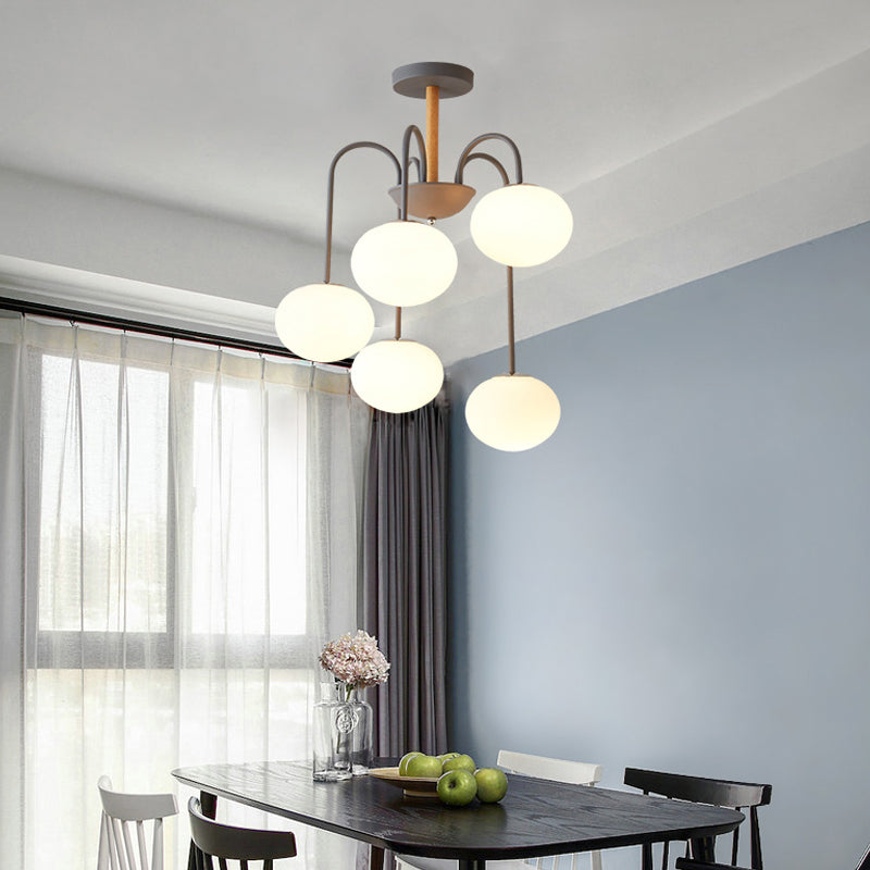 Dome White Glass Chandelier Lighting Contemporary Style 3/5 Lights Gray/Green Suspension Light Clearhalo 'Ceiling Lights' 'Chandeliers' 'Glass shade' 'Glass' 'Modern Chandeliers' 'Modern' Lighting' 289358