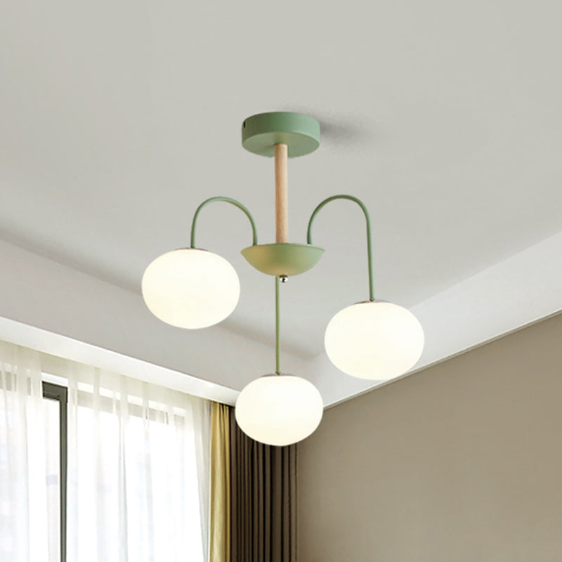 Dome White Glass Chandelier Lighting Contemporary Style 3/5 Lights Gray/Green Suspension Light 3 Green Clearhalo 'Ceiling Lights' 'Chandeliers' 'Glass shade' 'Glass' 'Modern Chandeliers' 'Modern' Lighting' 289361