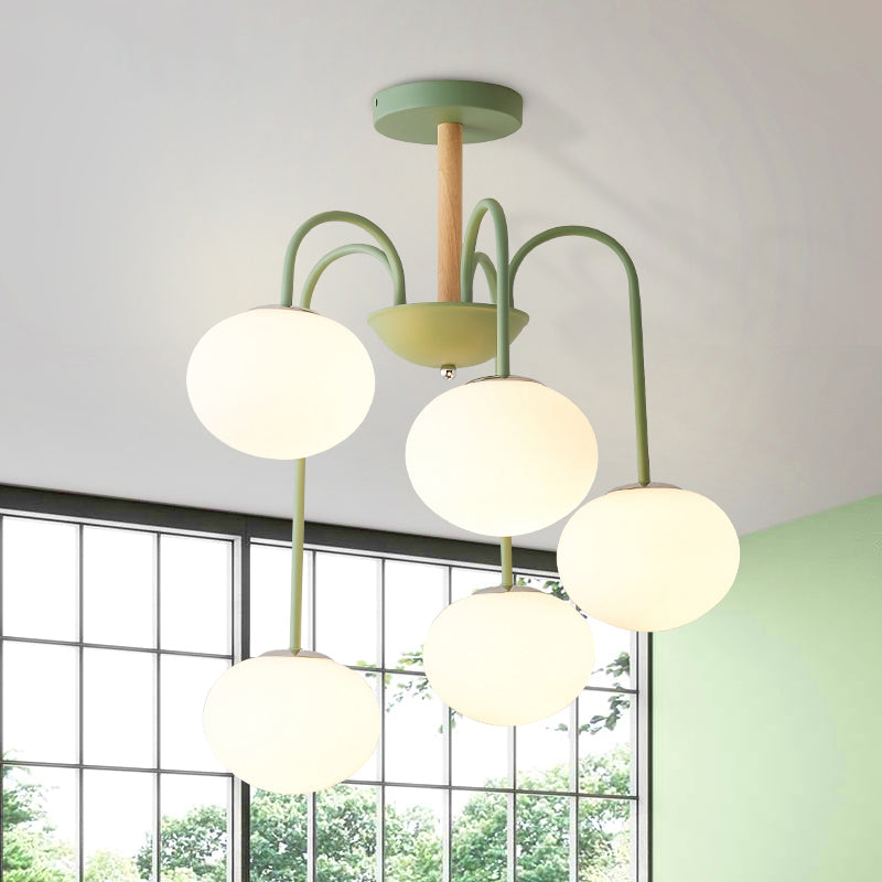 Dome White Glass Chandelier Lighting Contemporary Style 3/5 Lights Gray/Green Suspension Light 5 Green Clearhalo 'Ceiling Lights' 'Chandeliers' 'Glass shade' 'Glass' 'Modern Chandeliers' 'Modern' Lighting' 289367