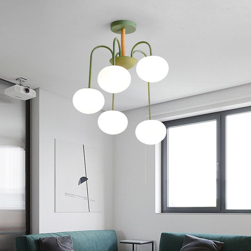 Dome White Glass Chandelier Lighting Contemporary Style 3/5 Lights Gray/Green Suspension Light Clearhalo 'Ceiling Lights' 'Chandeliers' 'Glass shade' 'Glass' 'Modern Chandeliers' 'Modern' Lighting' 289368