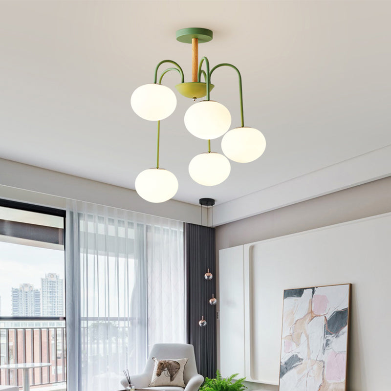 Dome White Glass Chandelier Lighting Contemporary Style 3/5 Lights Gray/Green Suspension Light Clearhalo 'Ceiling Lights' 'Chandeliers' 'Glass shade' 'Glass' 'Modern Chandeliers' 'Modern' Lighting' 289370