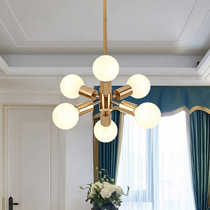 Bare Bulb Metal Chandelier Lighting Modernist Style 6 Heads Golden Hanging Pendant Light for Dining Room Clearhalo 'Ceiling Lights' 'Chandeliers' 'Glass shade' 'Glass' 'Modern Chandeliers' 'Modern' Lighting' 289474