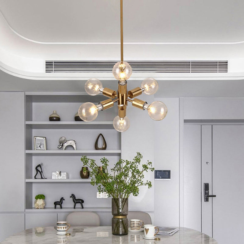 Bare Bulb Metal Chandelier Lighting Modernist Style 6 Heads Golden Hanging Pendant Light for Dining Room Clearhalo 'Ceiling Lights' 'Chandeliers' 'Glass shade' 'Glass' 'Modern Chandeliers' 'Modern' Lighting' 289476