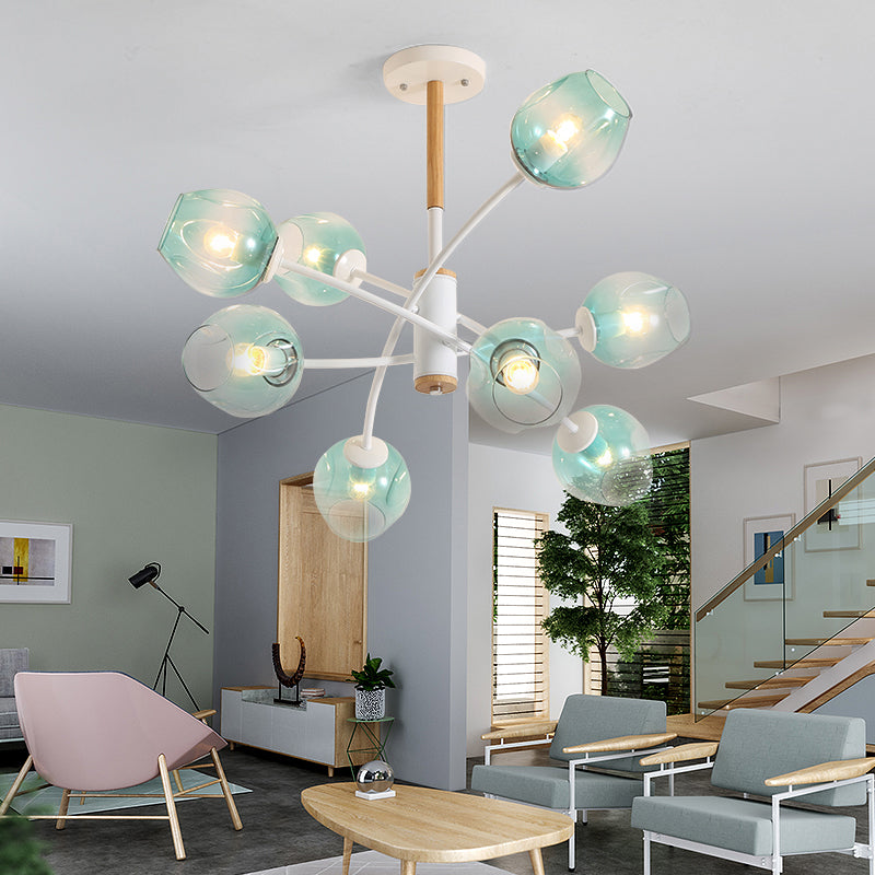 Dome Living Room Chandelier Lighting Blue/Tan Glass 6/8 Lights Contemporary Stylish Hanging Pendant Light 8 Blue Clearhalo 'Ceiling Lights' 'Chandeliers' 'Glass shade' 'Glass' 'Modern Chandeliers' 'Modern' Lighting' 289621