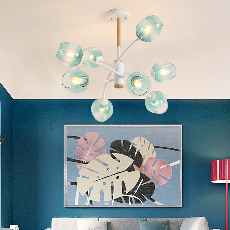 Dome Living Room Chandelier Lighting Blue/Tan Glass 6/8 Lights Contemporary Stylish Hanging Pendant Light Clearhalo 'Ceiling Lights' 'Chandeliers' 'Glass shade' 'Glass' 'Modern Chandeliers' 'Modern' Lighting' 289624