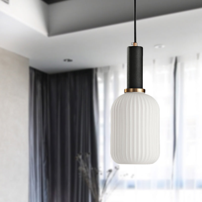1 Head Dining Room Pendant Light Macaron Black/Pink/Blue Hanging Lamp with Cylinder/Oval/Drum White Glass Shade, 5"/8"/12" Wide Black 5" Clearhalo 'Ceiling Lights' 'Glass shade' 'Glass' 'Modern Pendants' 'Modern' 'Pendant Lights' 'Pendants' Lighting' 289640