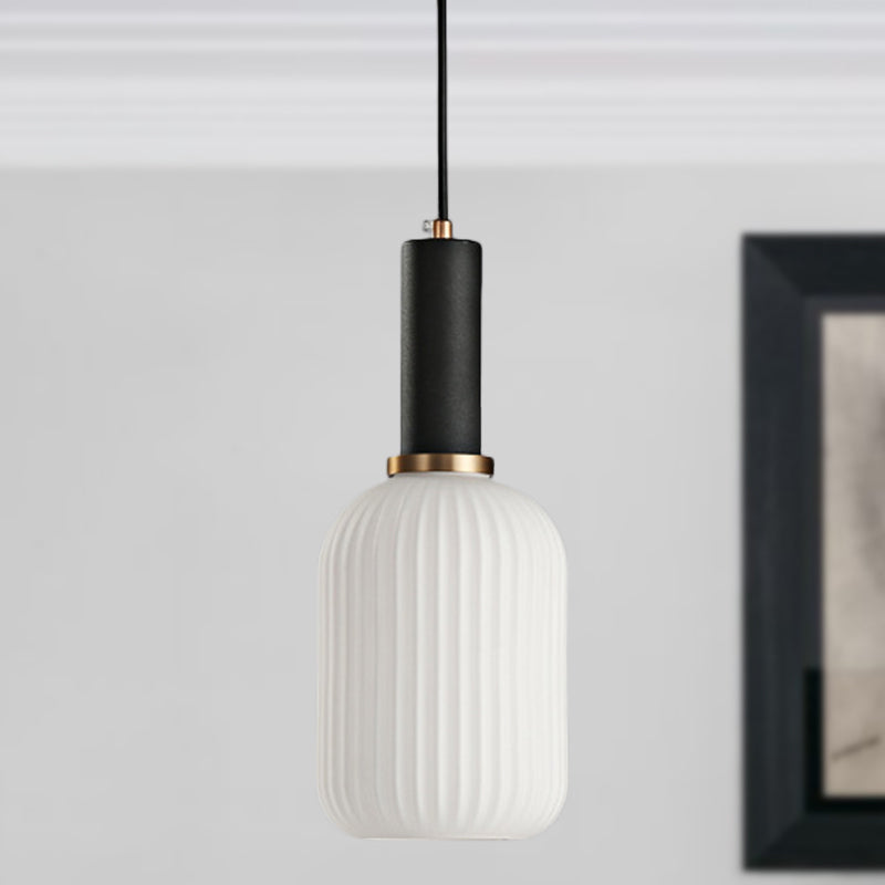 1 Head Dining Room Pendant Light Macaron Black/Pink/Blue Hanging Lamp with Cylinder/Oval/Drum White Glass Shade, 5"/8"/12" Wide Clearhalo 'Ceiling Lights' 'Glass shade' 'Glass' 'Modern Pendants' 'Modern' 'Pendant Lights' 'Pendants' Lighting' 289641