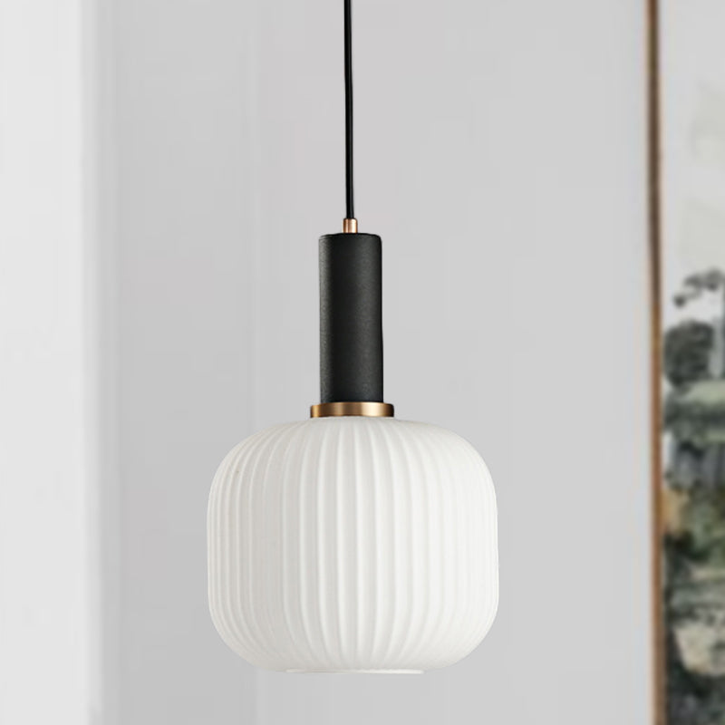 1 Head Dining Room Pendant Light Macaron Black/Pink/Blue Hanging Lamp with Cylinder/Oval/Drum White Glass Shade, 5"/8"/12" Wide Black 8" Clearhalo 'Ceiling Lights' 'Glass shade' 'Glass' 'Modern Pendants' 'Modern' 'Pendant Lights' 'Pendants' Lighting' 289647