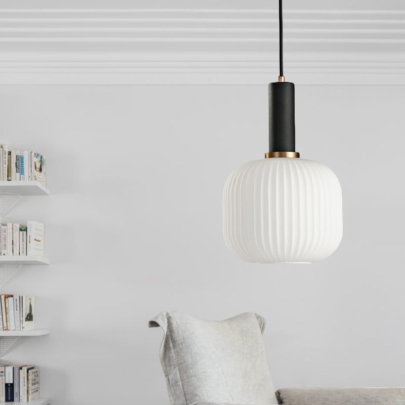 1 Head Dining Room Pendant Light Macaron Black/Pink/Blue Hanging Lamp with Cylinder/Oval/Drum White Glass Shade, 5"/8"/12" Wide Clearhalo 'Ceiling Lights' 'Glass shade' 'Glass' 'Modern Pendants' 'Modern' 'Pendant Lights' 'Pendants' Lighting' 289649