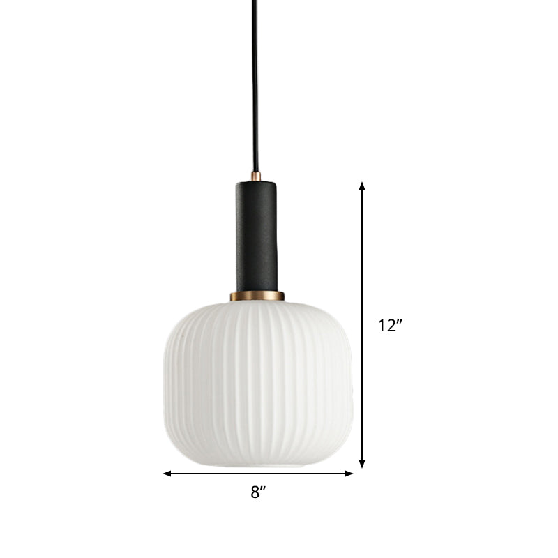 1 Head Dining Room Pendant Light Macaron Black/Pink/Blue Hanging Lamp with Cylinder/Oval/Drum White Glass Shade, 5"/8"/12" Wide Clearhalo 'Ceiling Lights' 'Glass shade' 'Glass' 'Modern Pendants' 'Modern' 'Pendant Lights' 'Pendants' Lighting' 289652