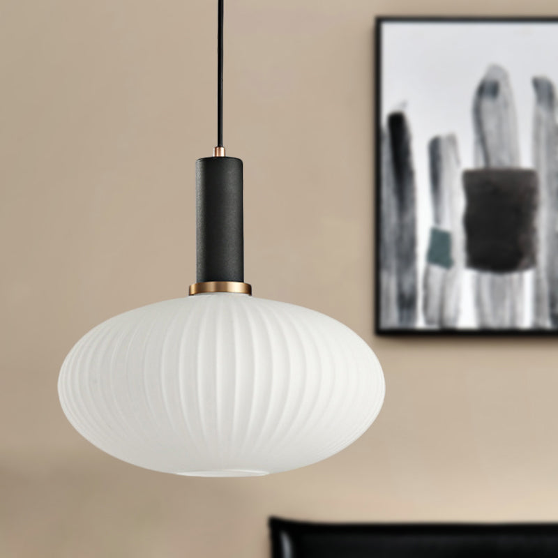 1 Head Dining Room Pendant Light Macaron Black/Pink/Blue Hanging Lamp with Cylinder/Oval/Drum White Glass Shade, 5"/8"/12" Wide Black 12" Clearhalo 'Ceiling Lights' 'Glass shade' 'Glass' 'Modern Pendants' 'Modern' 'Pendant Lights' 'Pendants' Lighting' 289653