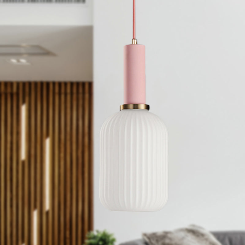 1 Head Dining Room Pendant Light Macaron Black/Pink/Blue Hanging Lamp with Cylinder/Oval/Drum White Glass Shade, 5"/8"/12" Wide Pink 5" Clearhalo 'Ceiling Lights' 'Glass shade' 'Glass' 'Modern Pendants' 'Modern' 'Pendant Lights' 'Pendants' Lighting' 289659