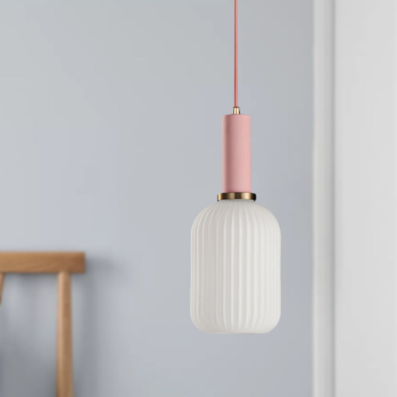 1 Head Dining Room Pendant Light Macaron Black/Pink/Blue Hanging Lamp with Cylinder/Oval/Drum White Glass Shade, 5"/8"/12" Wide Clearhalo 'Ceiling Lights' 'Glass shade' 'Glass' 'Modern Pendants' 'Modern' 'Pendant Lights' 'Pendants' Lighting' 289660