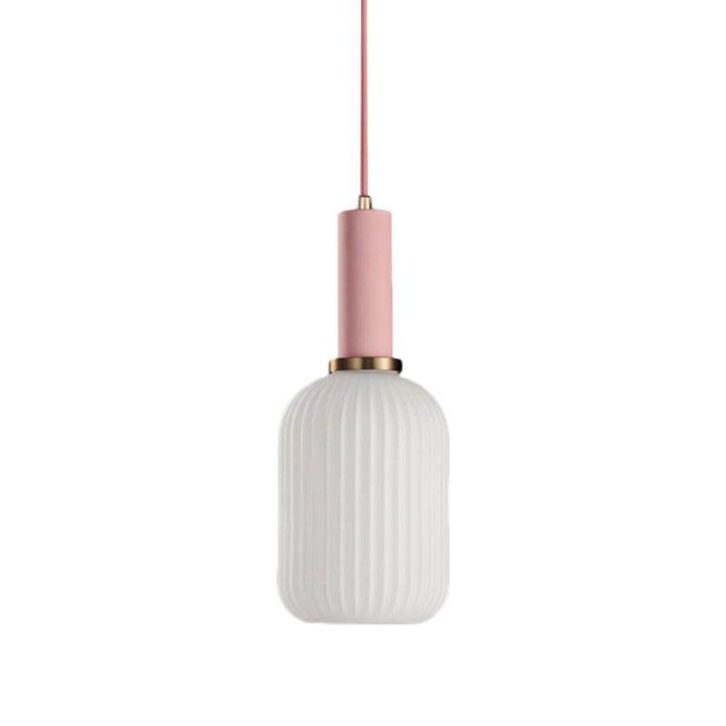 1 Head Dining Room Pendant Light Macaron Black/Pink/Blue Hanging Lamp with Cylinder/Oval/Drum White Glass Shade, 5"/8"/12" Wide Clearhalo 'Ceiling Lights' 'Glass shade' 'Glass' 'Modern Pendants' 'Modern' 'Pendant Lights' 'Pendants' Lighting' 289663