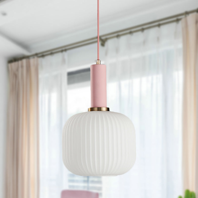 1 Head Dining Room Pendant Light Macaron Black/Pink/Blue Hanging Lamp with Cylinder/Oval/Drum White Glass Shade, 5"/8"/12" Wide Pink 8" Clearhalo 'Ceiling Lights' 'Glass shade' 'Glass' 'Modern Pendants' 'Modern' 'Pendant Lights' 'Pendants' Lighting' 289665
