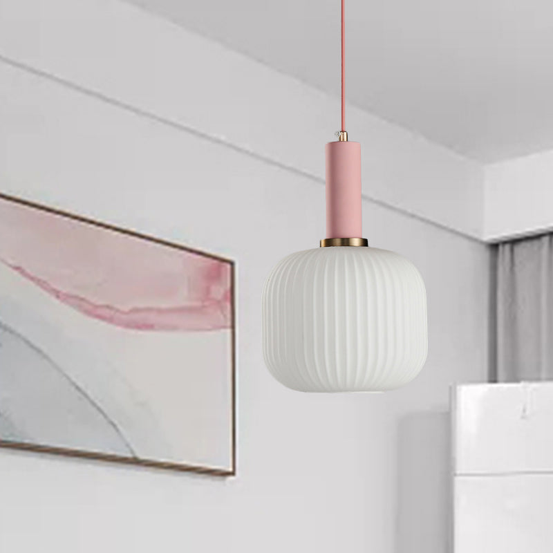 1 Head Dining Room Pendant Light Macaron Black/Pink/Blue Hanging Lamp with Cylinder/Oval/Drum White Glass Shade, 5"/8"/12" Wide Clearhalo 'Ceiling Lights' 'Glass shade' 'Glass' 'Modern Pendants' 'Modern' 'Pendant Lights' 'Pendants' Lighting' 289666