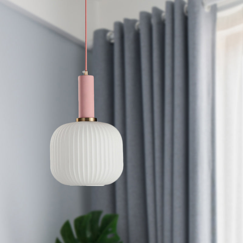 1 Head Dining Room Pendant Light Macaron Black/Pink/Blue Hanging Lamp with Cylinder/Oval/Drum White Glass Shade, 5"/8"/12" Wide Clearhalo 'Ceiling Lights' 'Glass shade' 'Glass' 'Modern Pendants' 'Modern' 'Pendant Lights' 'Pendants' Lighting' 289667