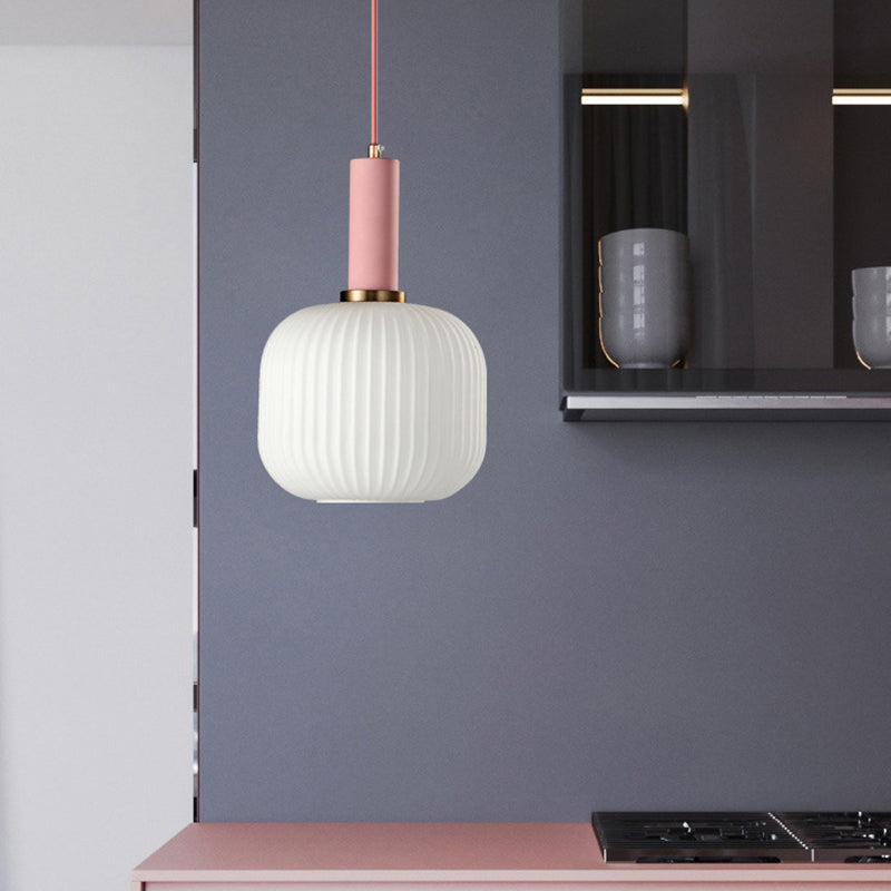 1 Head Dining Room Pendant Light Macaron Black/Pink/Blue Hanging Lamp with Cylinder/Oval/Drum White Glass Shade, 5"/8"/12" Wide Clearhalo 'Ceiling Lights' 'Glass shade' 'Glass' 'Modern Pendants' 'Modern' 'Pendant Lights' 'Pendants' Lighting' 289668
