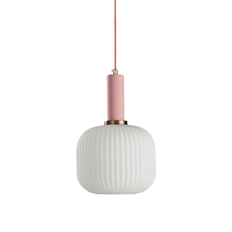 1 Head Dining Room Pendant Light Macaron Black/Pink/Blue Hanging Lamp with Cylinder/Oval/Drum White Glass Shade, 5"/8"/12" Wide Clearhalo 'Ceiling Lights' 'Glass shade' 'Glass' 'Modern Pendants' 'Modern' 'Pendant Lights' 'Pendants' Lighting' 289669