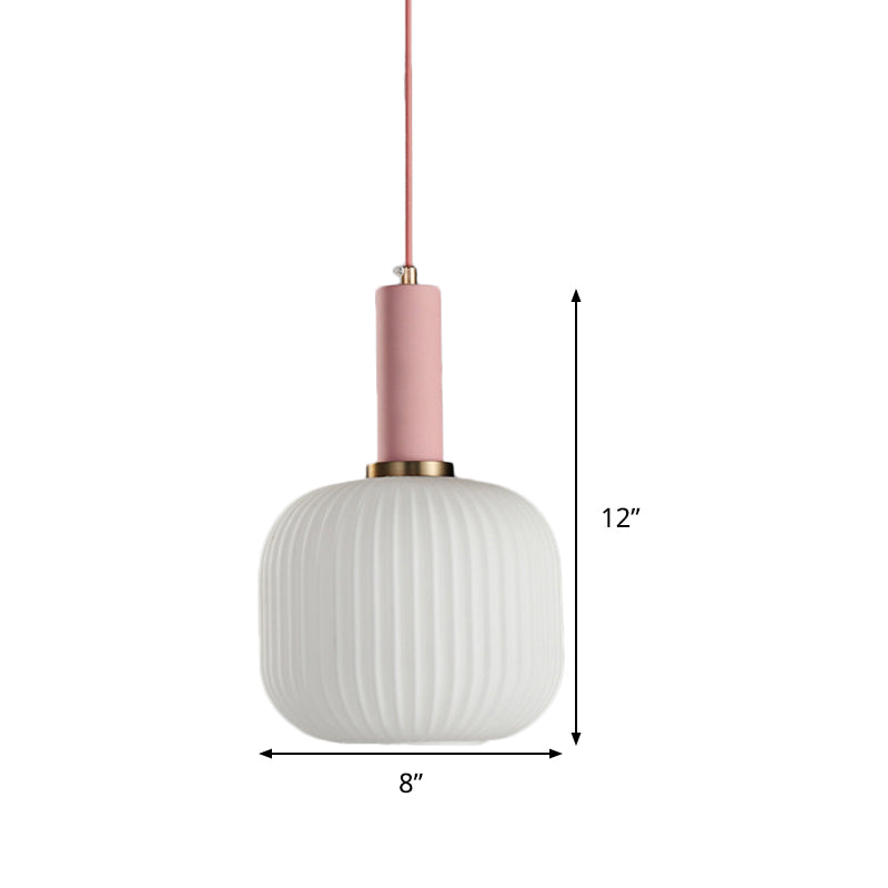 1 Head Dining Room Pendant Light Macaron Black/Pink/Blue Hanging Lamp with Cylinder/Oval/Drum White Glass Shade, 5"/8"/12" Wide Clearhalo 'Ceiling Lights' 'Glass shade' 'Glass' 'Modern Pendants' 'Modern' 'Pendant Lights' 'Pendants' Lighting' 289670