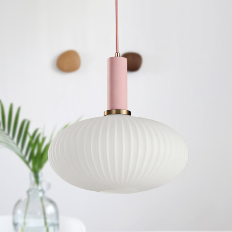 1 Head Dining Room Pendant Light Macaron Black/Pink/Blue Hanging Lamp with Cylinder/Oval/Drum White Glass Shade, 5"/8"/12" Wide Pink 12" Clearhalo 'Ceiling Lights' 'Glass shade' 'Glass' 'Modern Pendants' 'Modern' 'Pendant Lights' 'Pendants' Lighting' 289671
