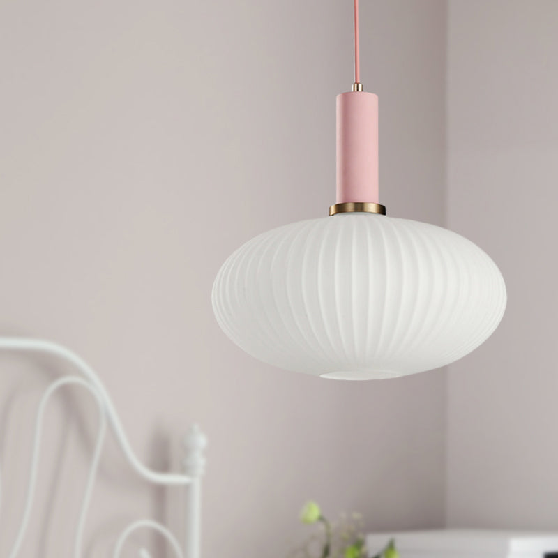 1 Head Dining Room Pendant Light Macaron Black/Pink/Blue Hanging Lamp with Cylinder/Oval/Drum White Glass Shade, 5"/8"/12" Wide Clearhalo 'Ceiling Lights' 'Glass shade' 'Glass' 'Modern Pendants' 'Modern' 'Pendant Lights' 'Pendants' Lighting' 289673