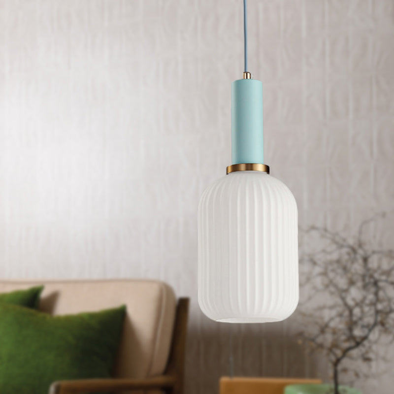 1 Head Dining Room Pendant Light Macaron Black/Pink/Blue Hanging Lamp with Cylinder/Oval/Drum White Glass Shade, 5"/8"/12" Wide Clearhalo 'Ceiling Lights' 'Glass shade' 'Glass' 'Modern Pendants' 'Modern' 'Pendant Lights' 'Pendants' Lighting' 289678